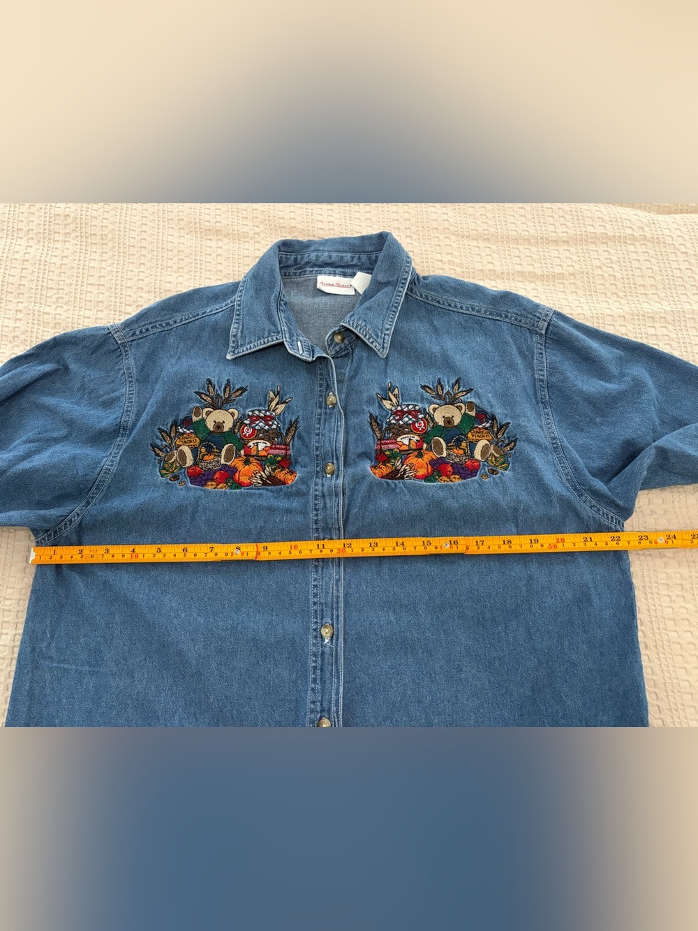 Vintage Bobbie Brooks Blue Denim Button-Down Shirt Fall Harvest Embroidery L - Picture 5 of 6